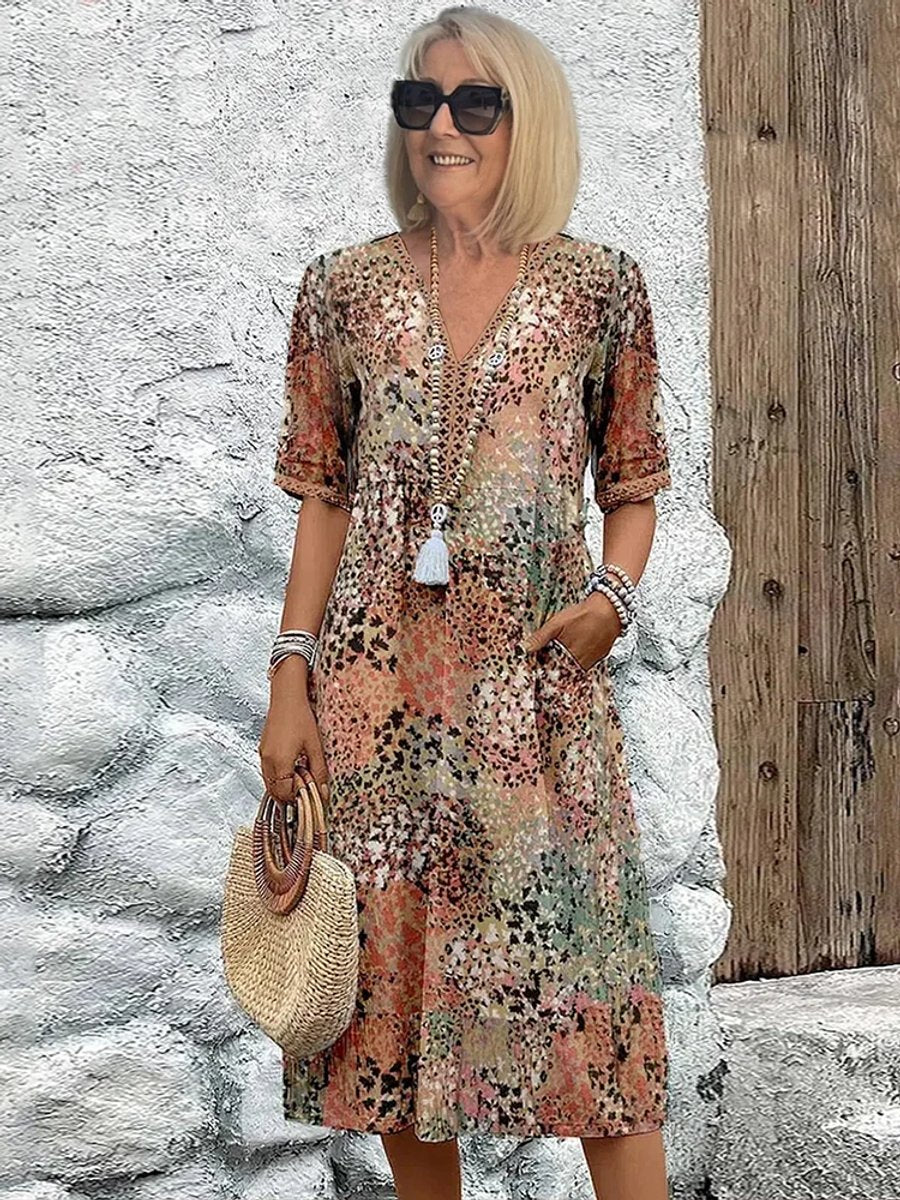 Women's Relaxed-Fit Floral Print V-Neck Midi Dress Pockets - Beige