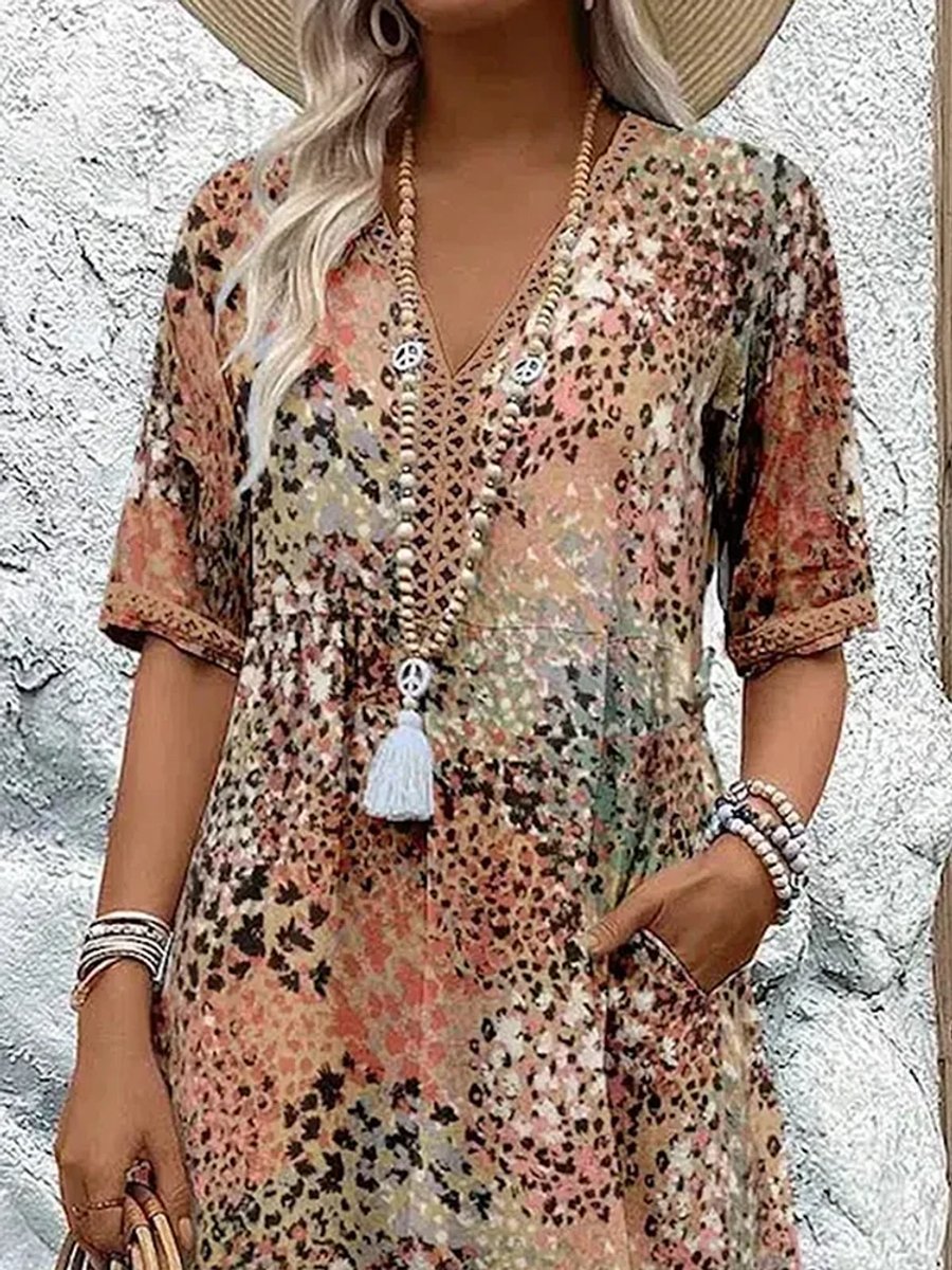 Women's Relaxed-Fit Floral Print V-Neck Midi Dress Pockets