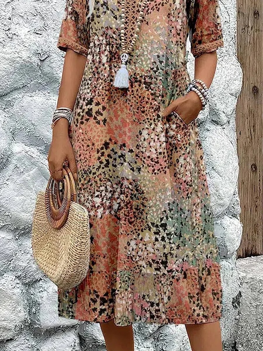 Women's Relaxed-Fit Floral Print V-Neck Midi Dress Pockets