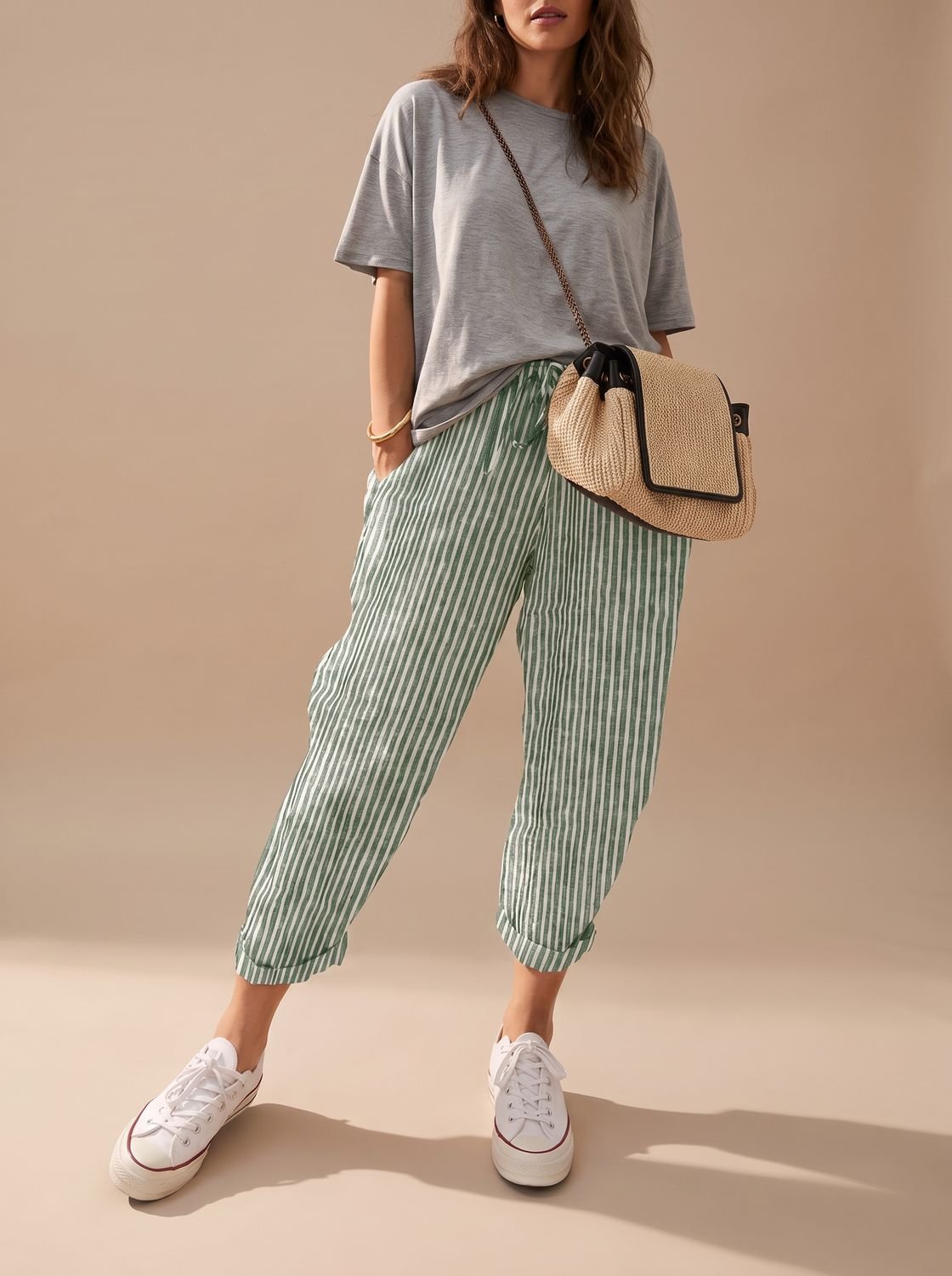 Women's Relaxed-Fit Linen Drawstring Casual Pants - Green (Striped)