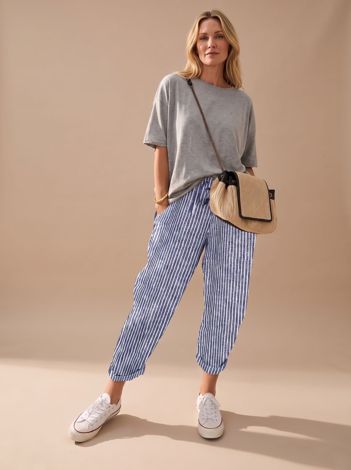 Women's Relaxed-Fit Linen Drawstring Casual Pants - Blue (Striped)