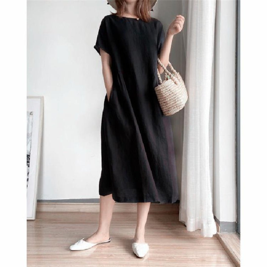 Women's Relaxed-Fit Linen Short-Sleeve Midi Dress - Black