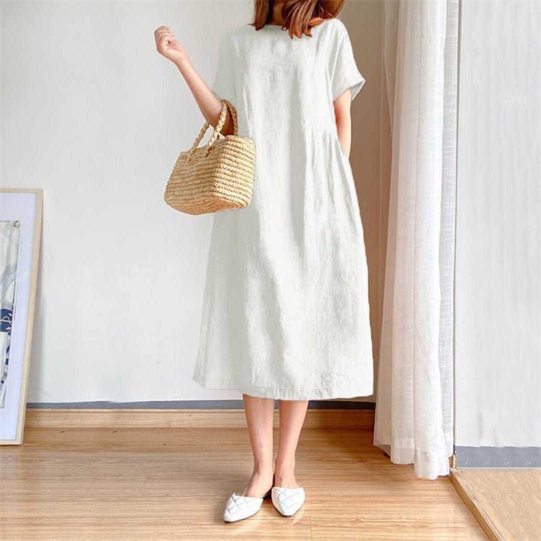 Women's Relaxed-Fit Linen Short-Sleeve Midi Dress - White