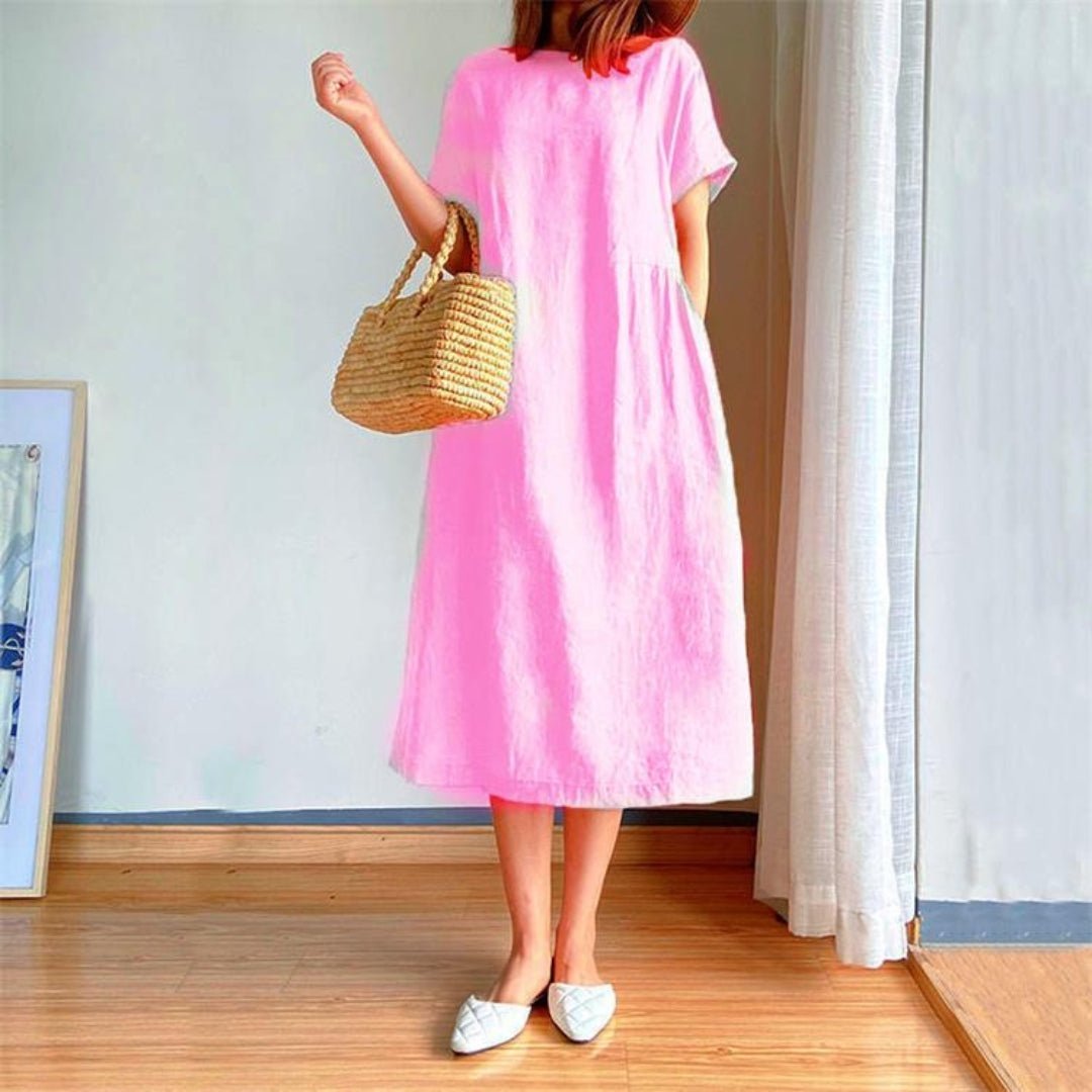 Women's Relaxed-Fit Linen Short-Sleeve Midi Dress - Pink