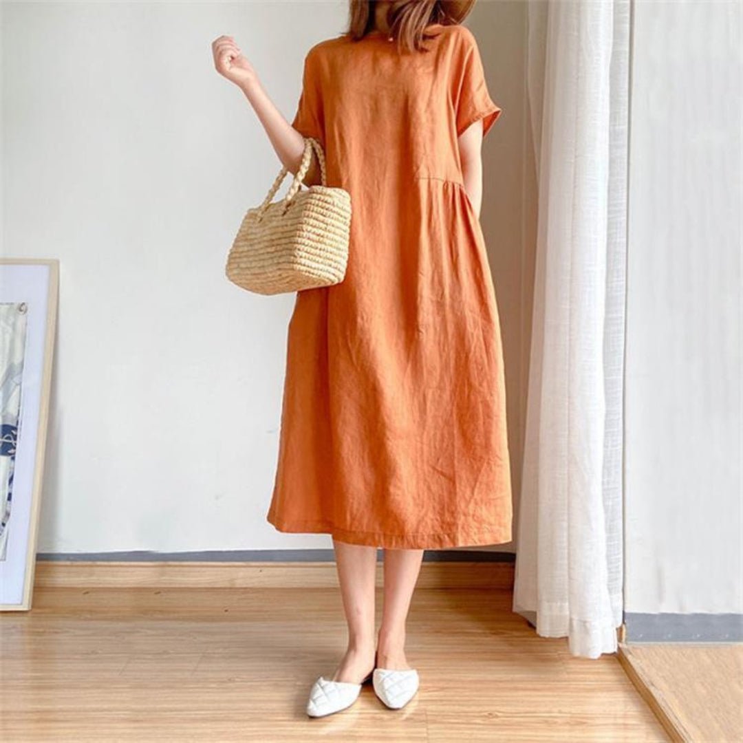Women's Relaxed-Fit Linen Short-Sleeve Midi Dress - Orange