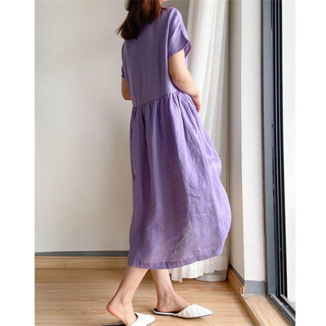 Women's Relaxed-Fit Linen Short-Sleeve Midi Dress - Purple