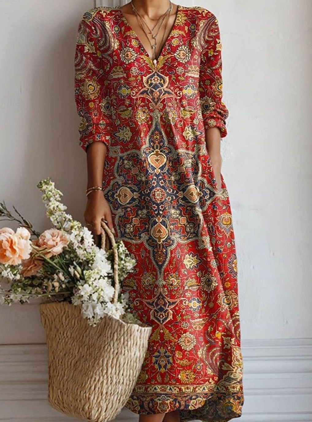 Women's Relaxed-Fit Long-Sleeve Boho Maxi Day Dress - Red