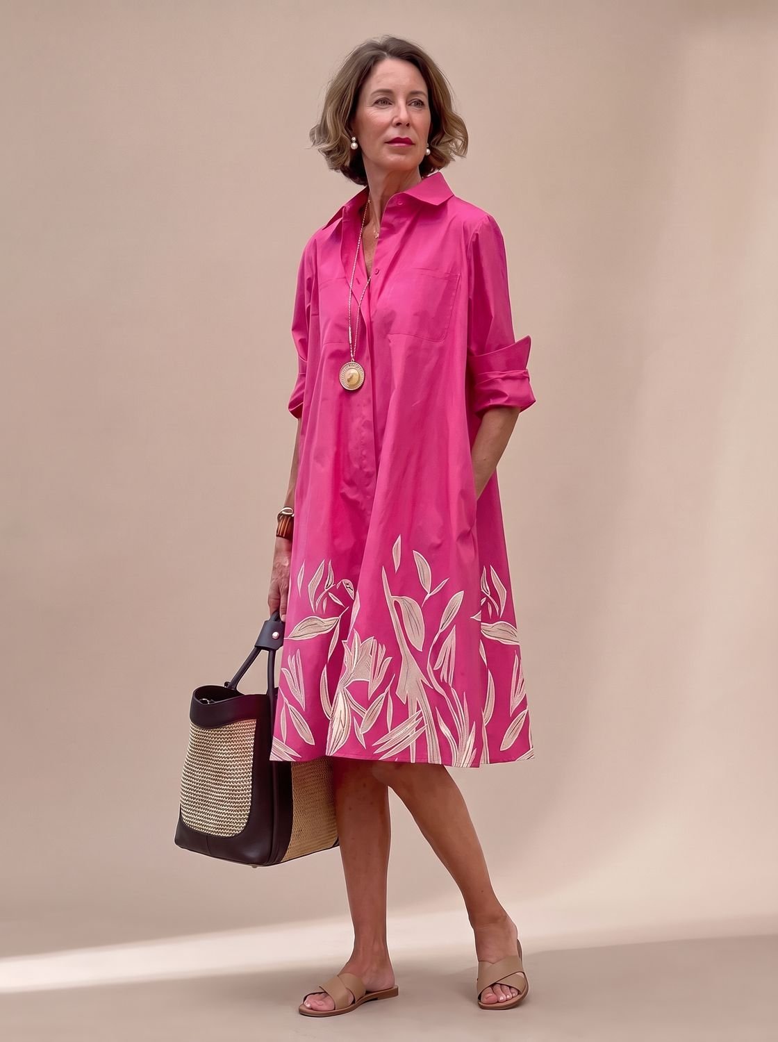 Women's Relaxed-Fit Long-Sleeve Collared Shirt Midi Dress Pockets - Pink