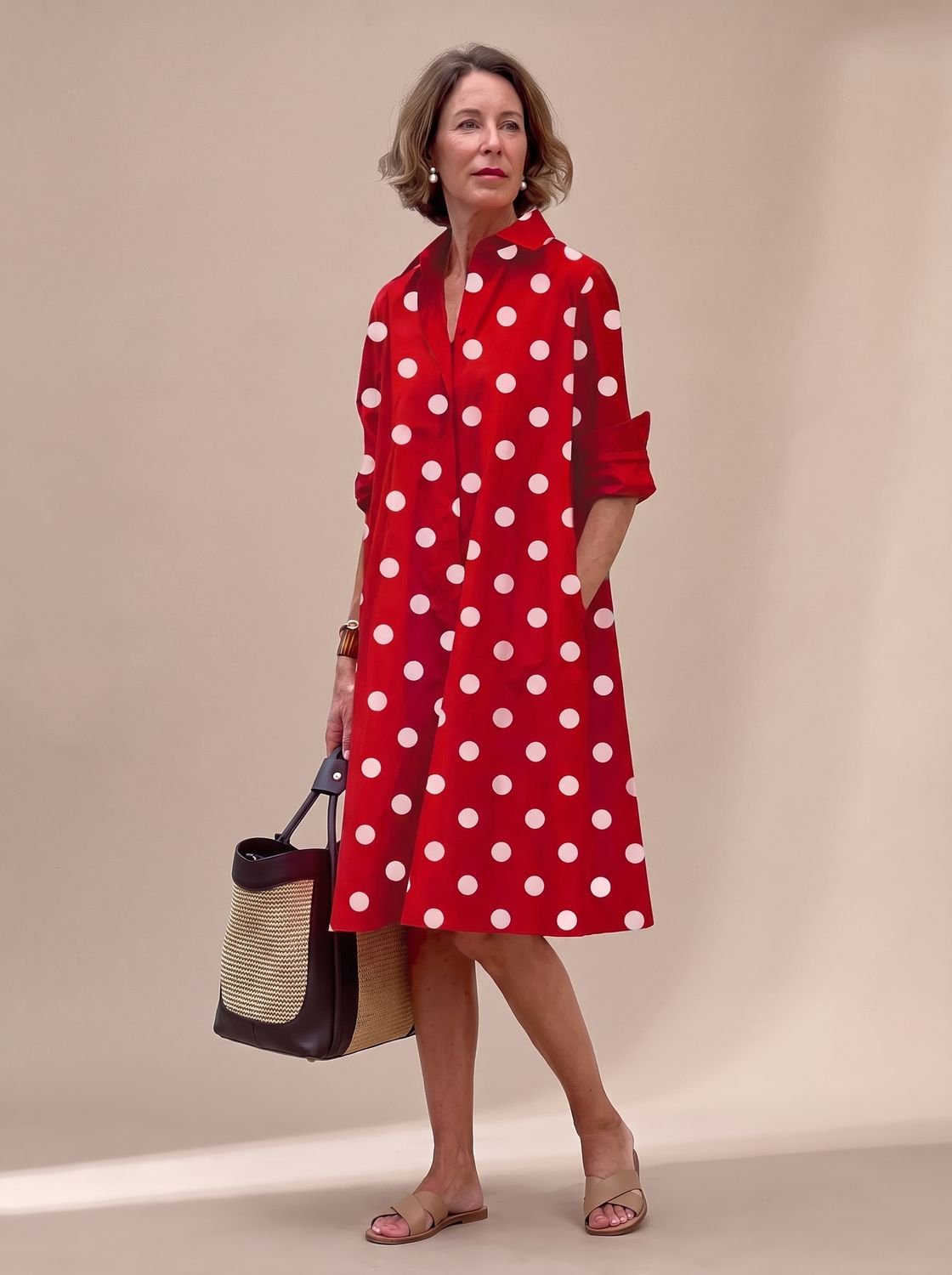 Women's Relaxed-Fit Long-Sleeve Collared Shirt Midi Dress Pockets - Red/White