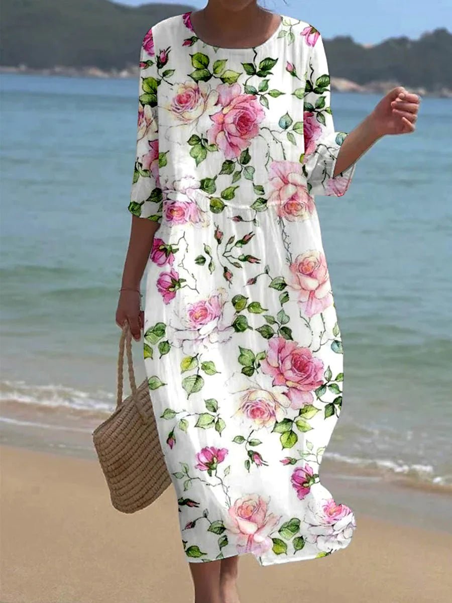 Women's Relaxed-Fit Rose Print Floral Summer Dress 3/4 Sleeve Midi