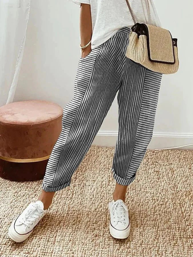 Women's Relaxed-Fit Striped Linen Trousers Elasticated-Waist Tapered-Leg - Black