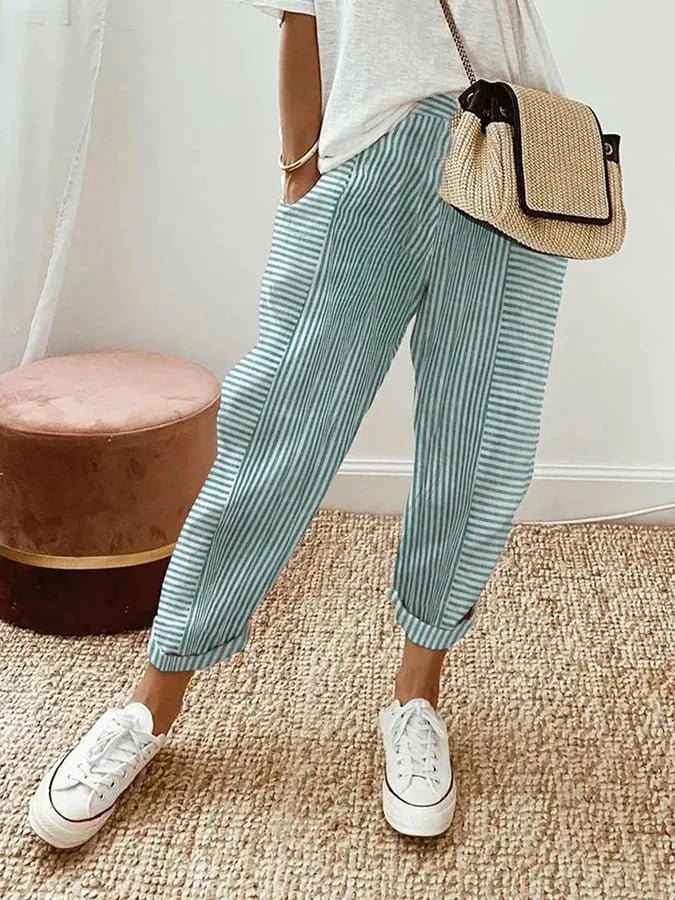 Women's Relaxed-Fit Striped Linen Trousers Elasticated-Waist Tapered-Leg - Green