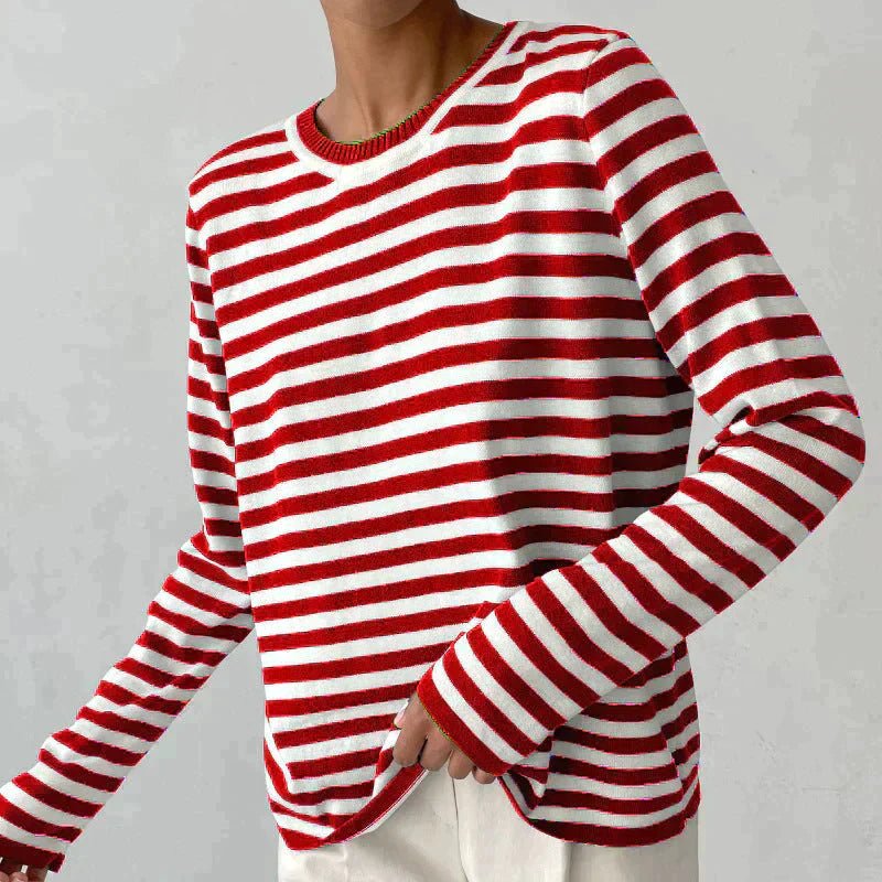 Women's Relaxed-Fit Striped Long-Sleeve Pullover - Red