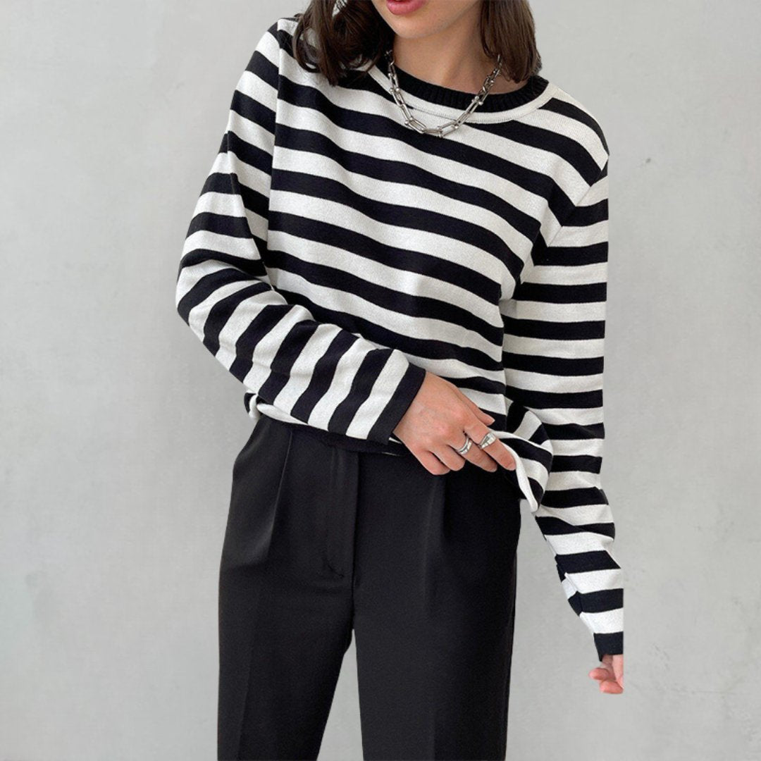 Women's Relaxed-Fit Striped Long-Sleeve Pullover - Black