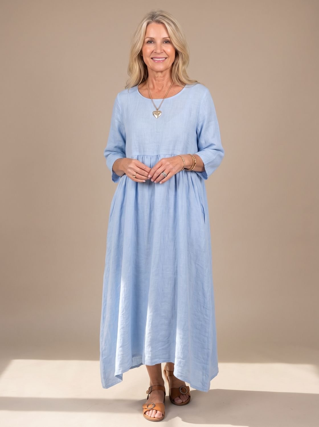 Women's Relaxed-Fit Three Quarter Sleeve Gathered Midi Dress - Sky Blue