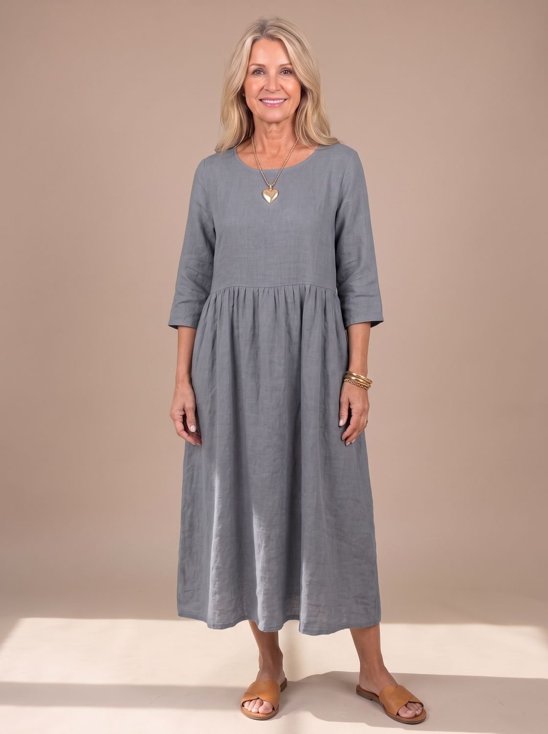 Women's Relaxed-Fit Three Quarter Sleeve Gathered Midi Dress - Grey