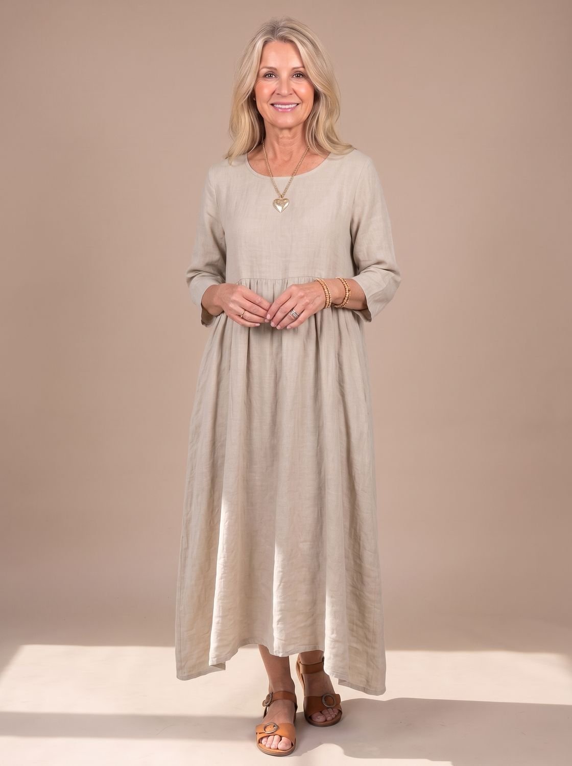 Women's Relaxed-Fit Three Quarter Sleeve Gathered Midi Dress - Beige