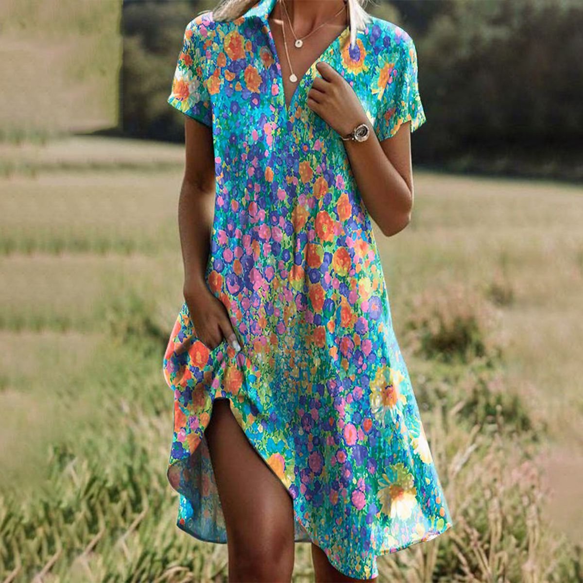 Women's Relaxed-Fit V-Neck Floral Summer Dress Midi Length - Multicolour