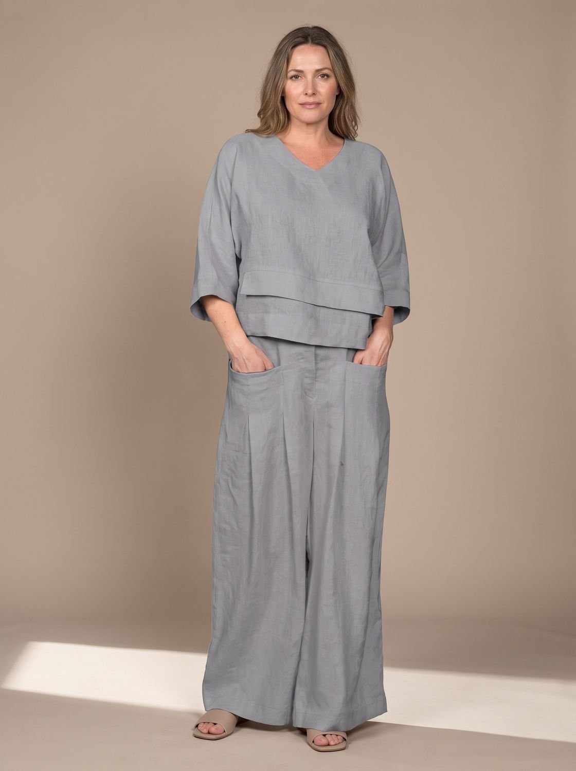 Women's Relaxed-Fit V-Neck Wide-Leg Two-Piece Set - Gray