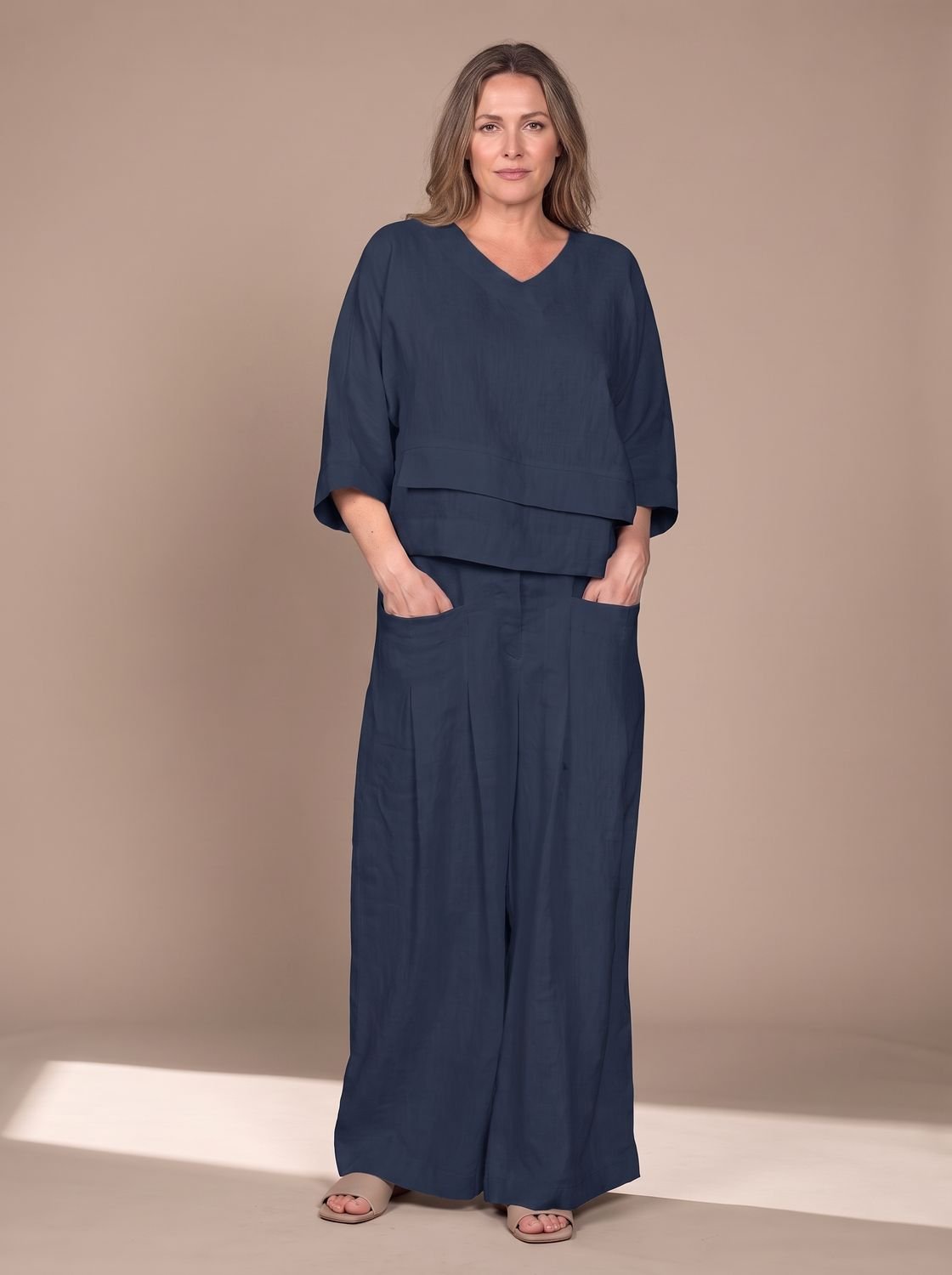 Women's Relaxed-Fit V-Neck Wide-Leg Two-Piece Set - Dark Blue