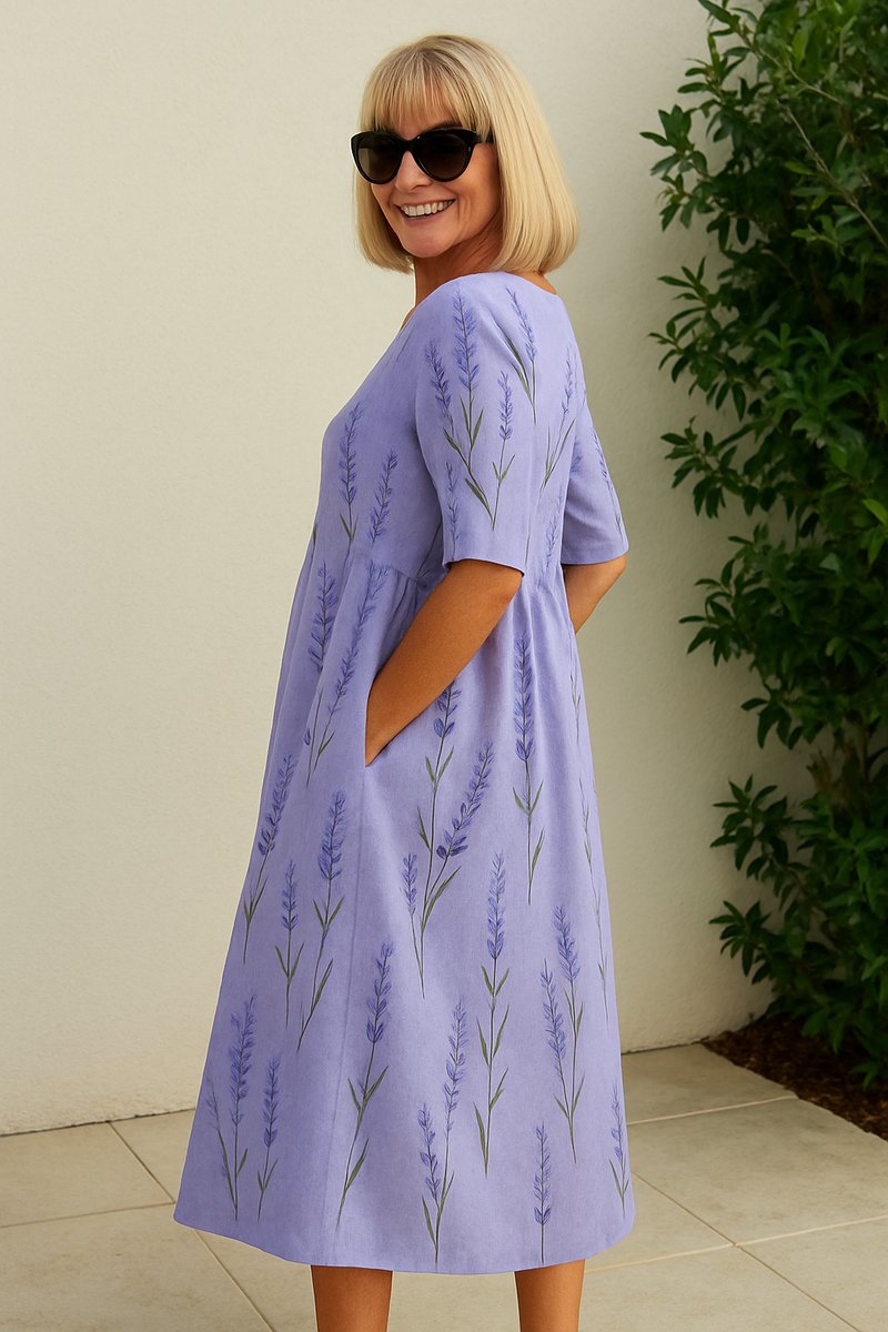 Women's Relaxed Midi Floral Summer Dress Half-Sleeve Empire Waist - Lavender