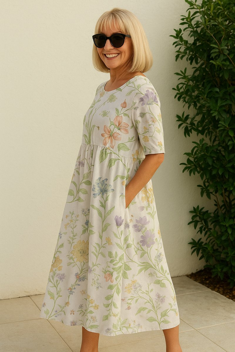 Women's Relaxed Midi Floral Summer Dress Half-Sleeve Empire Waist - White