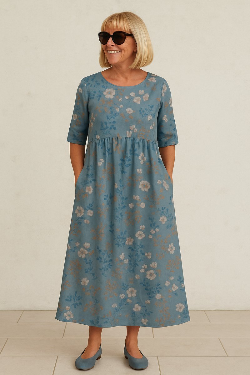 Women's Relaxed Midi Floral Summer Dress Half-Sleeve Empire Waist - Light Blue