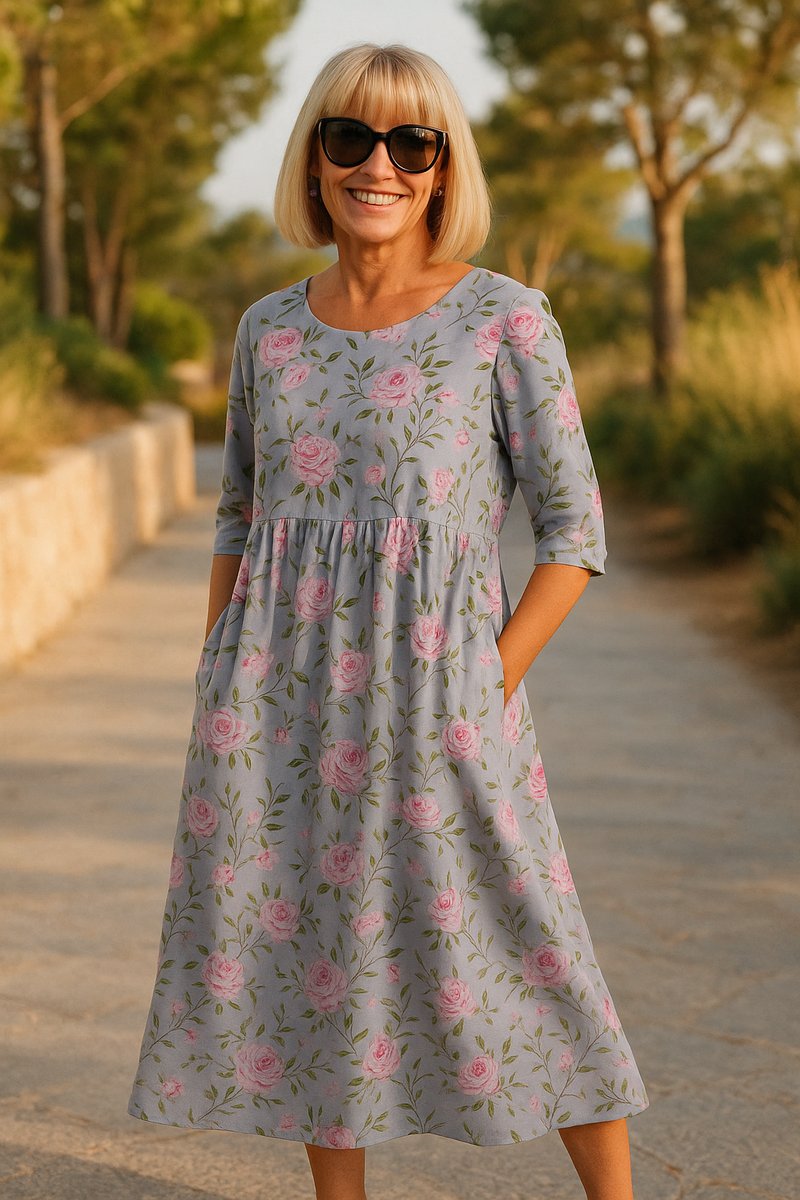 Women's Relaxed Midi Floral Summer Dress Half-Sleeve Empire Waist - Dusty Lilac