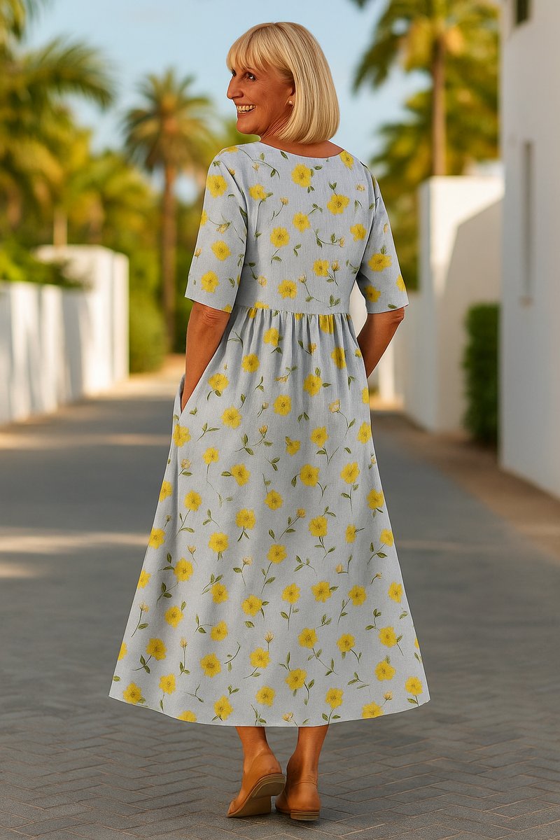 Women's Relaxed Midi Floral Summer Dress Half-Sleeve Empire Waist - Light Yellow