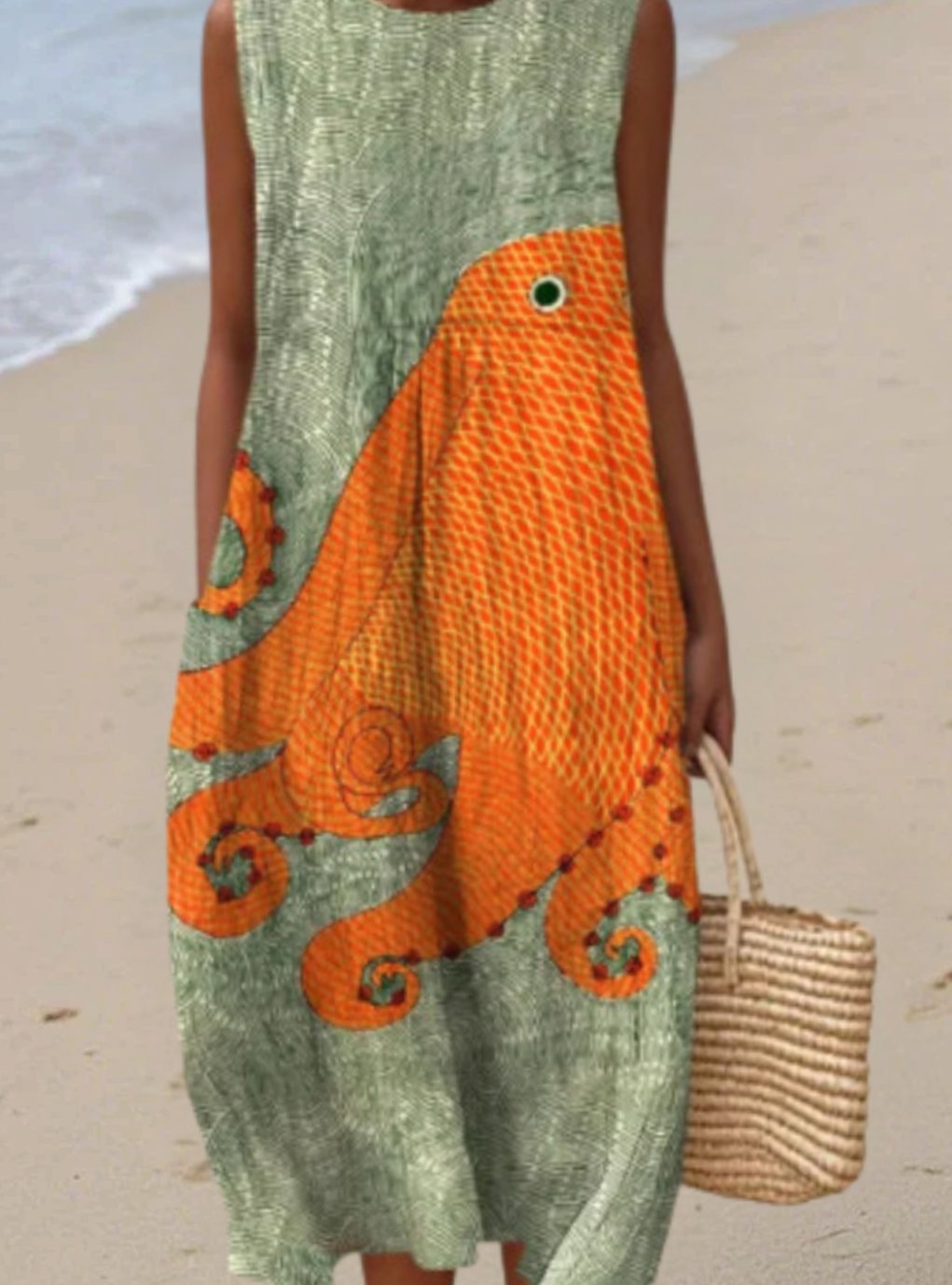 Women's Relaxed Octopus Print Sleeveless Midi Dress - Multicolor