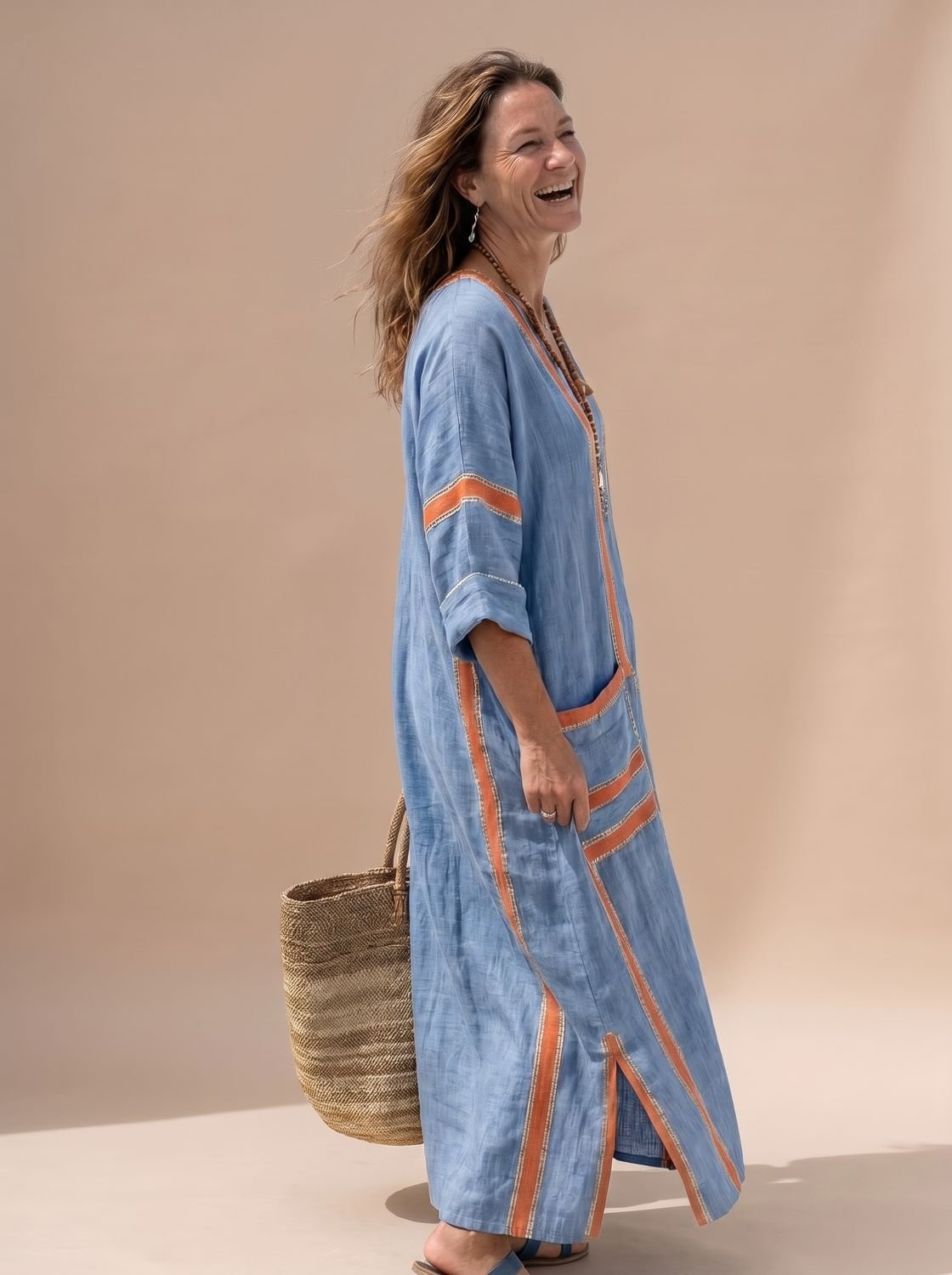 Women's Relaxed V-Neck Contrast-Trim Midi Kaftan Dress