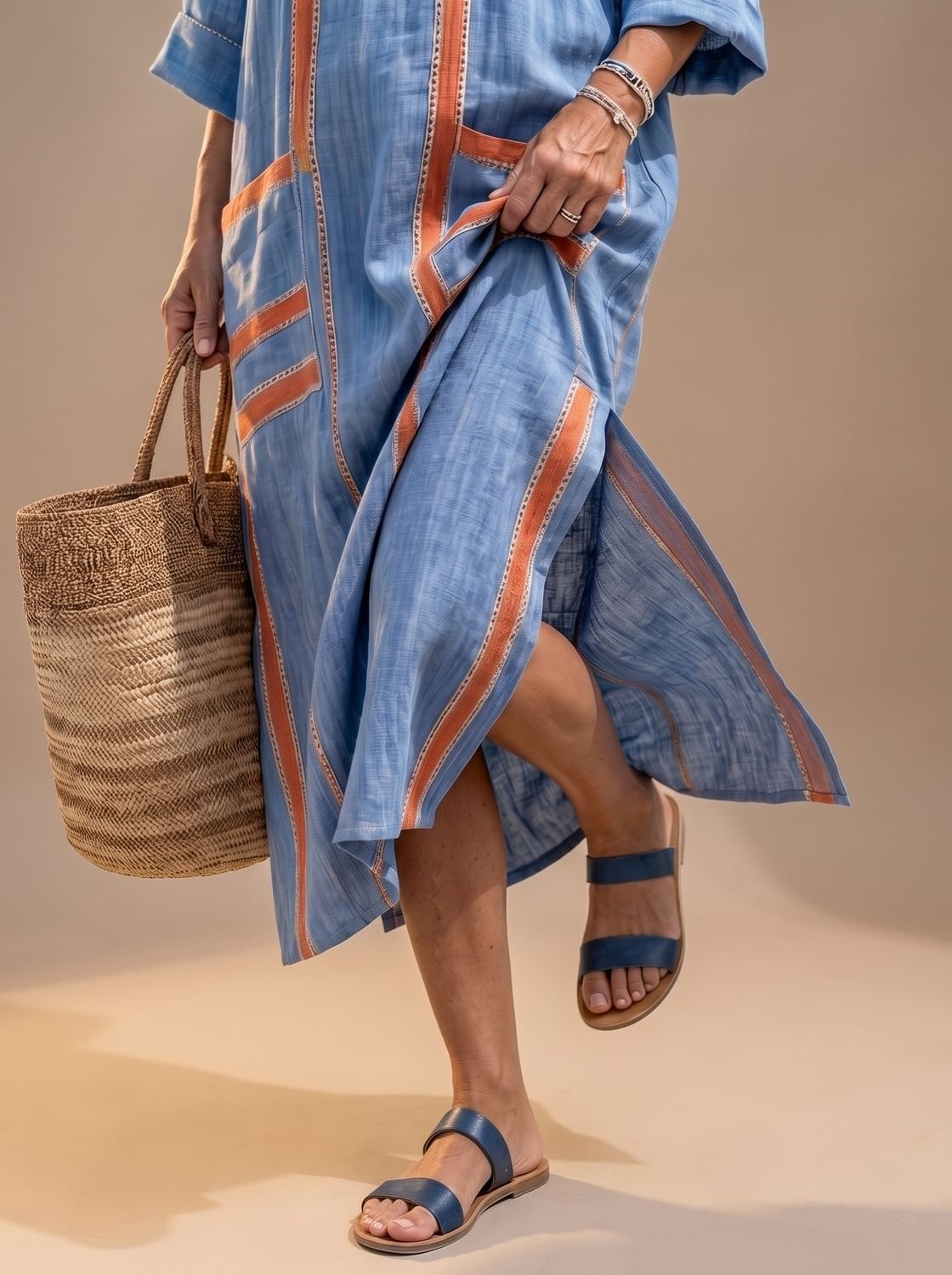 Women's Relaxed V-Neck Contrast-Trim Midi Kaftan Dress