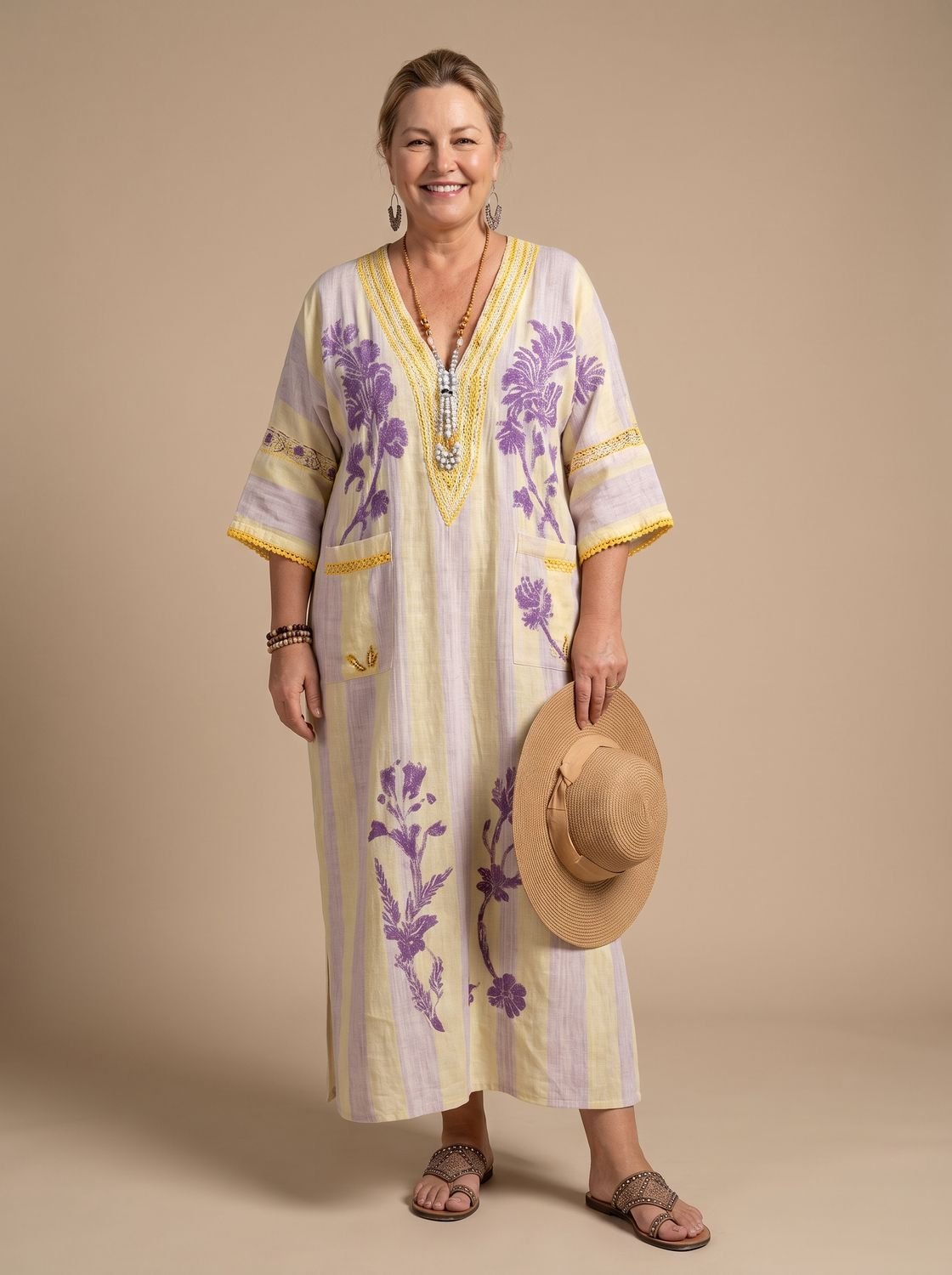 Women's Relaxed V-Neck Half-Sleeve Striped Floral Maxi Kaftan Dress - Beige