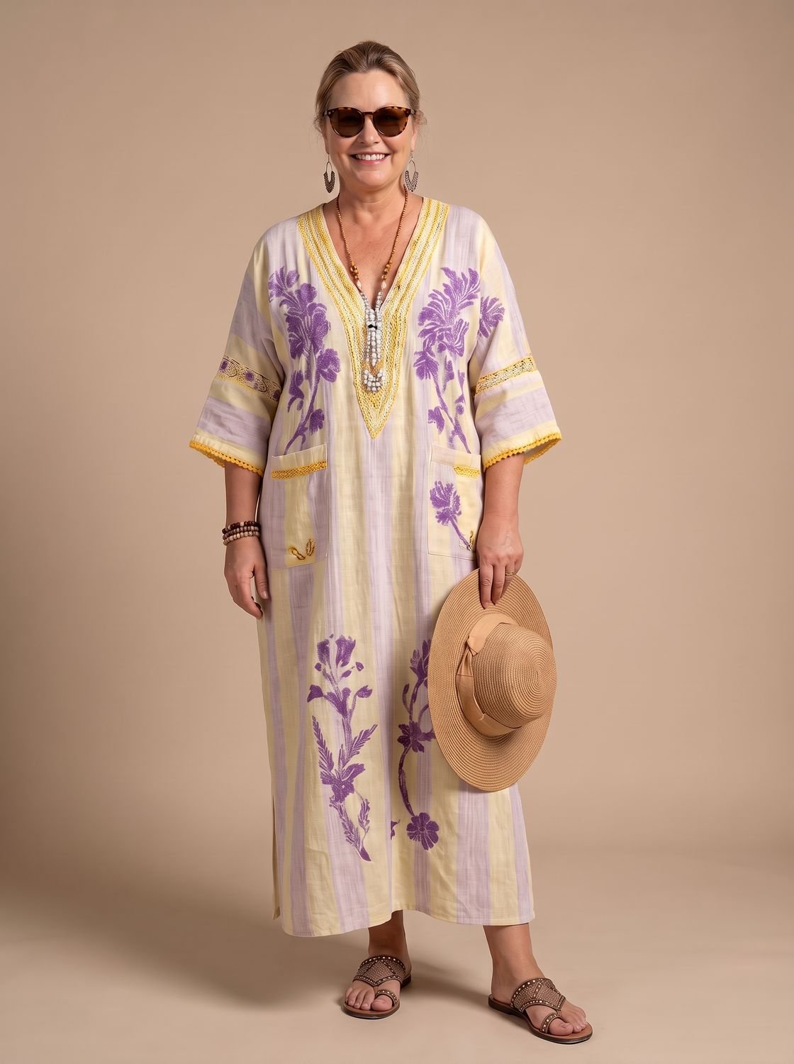 Women's Relaxed V-Neck Half-Sleeve Striped Floral Maxi Kaftan Dress