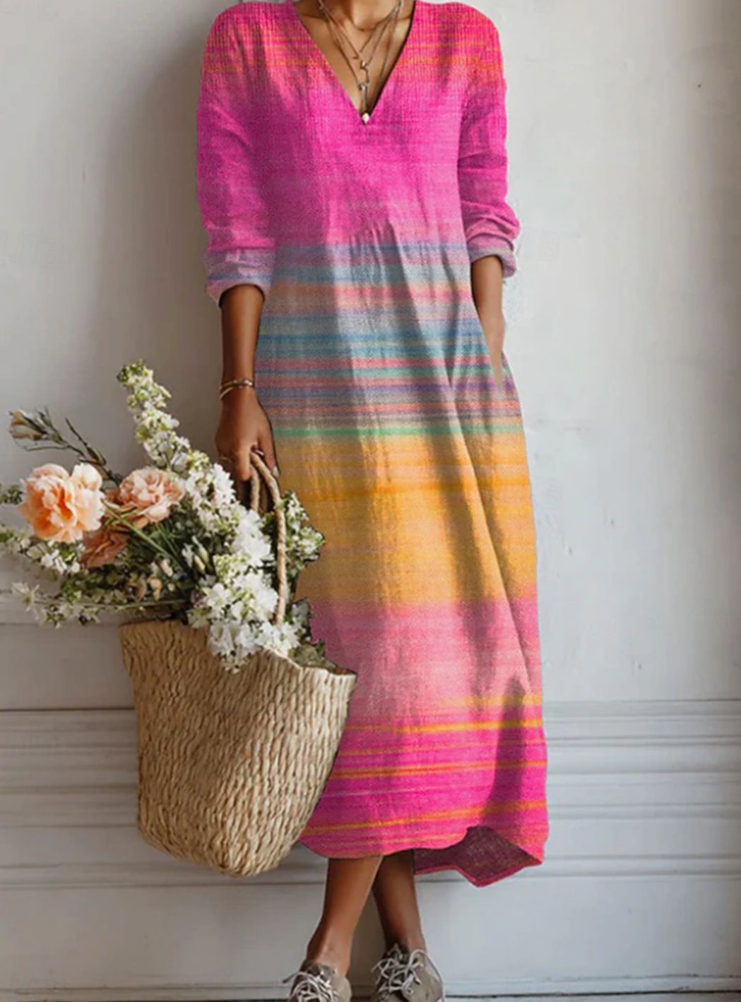 Women's Relaxed V-Neck Long Sleeve Striped Maxi Day Dress - Multicolor