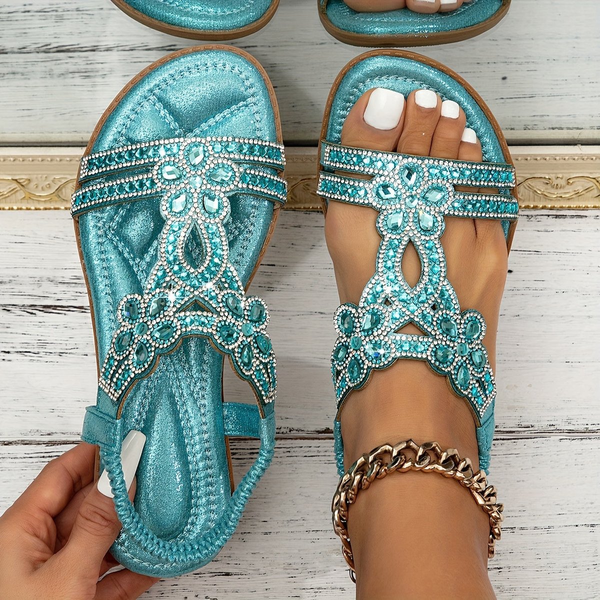 Women's Rhinestone Embellished Boho Comfort Sandals Flat Slip-On