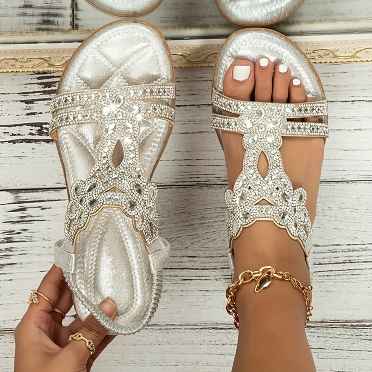 Women's Rhinestone Embellished Boho Comfort Sandals Flat Slip-On - Silver
