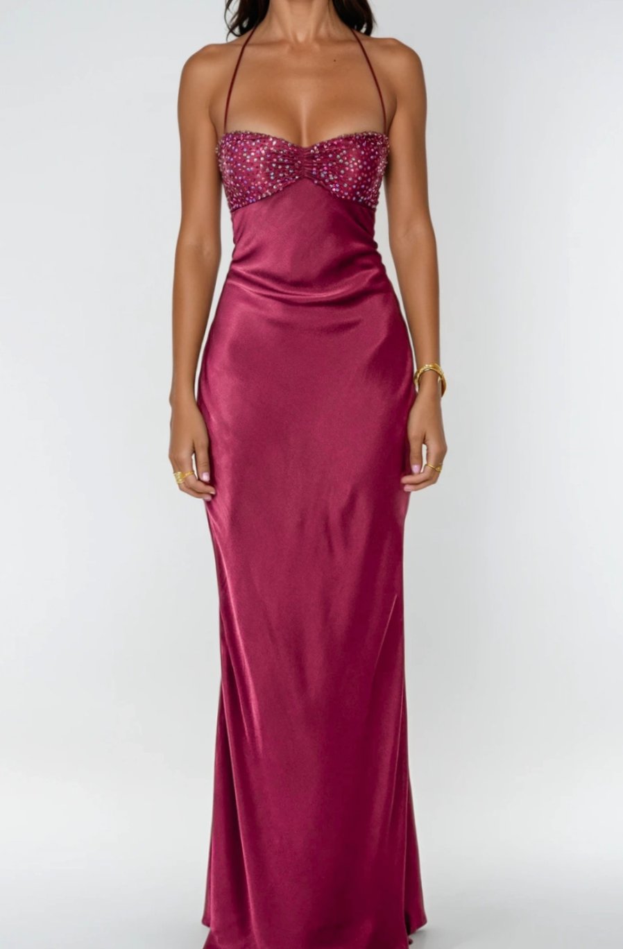Women's Rhinestone-Embellished Halter-Neck Satin Maxi Dress