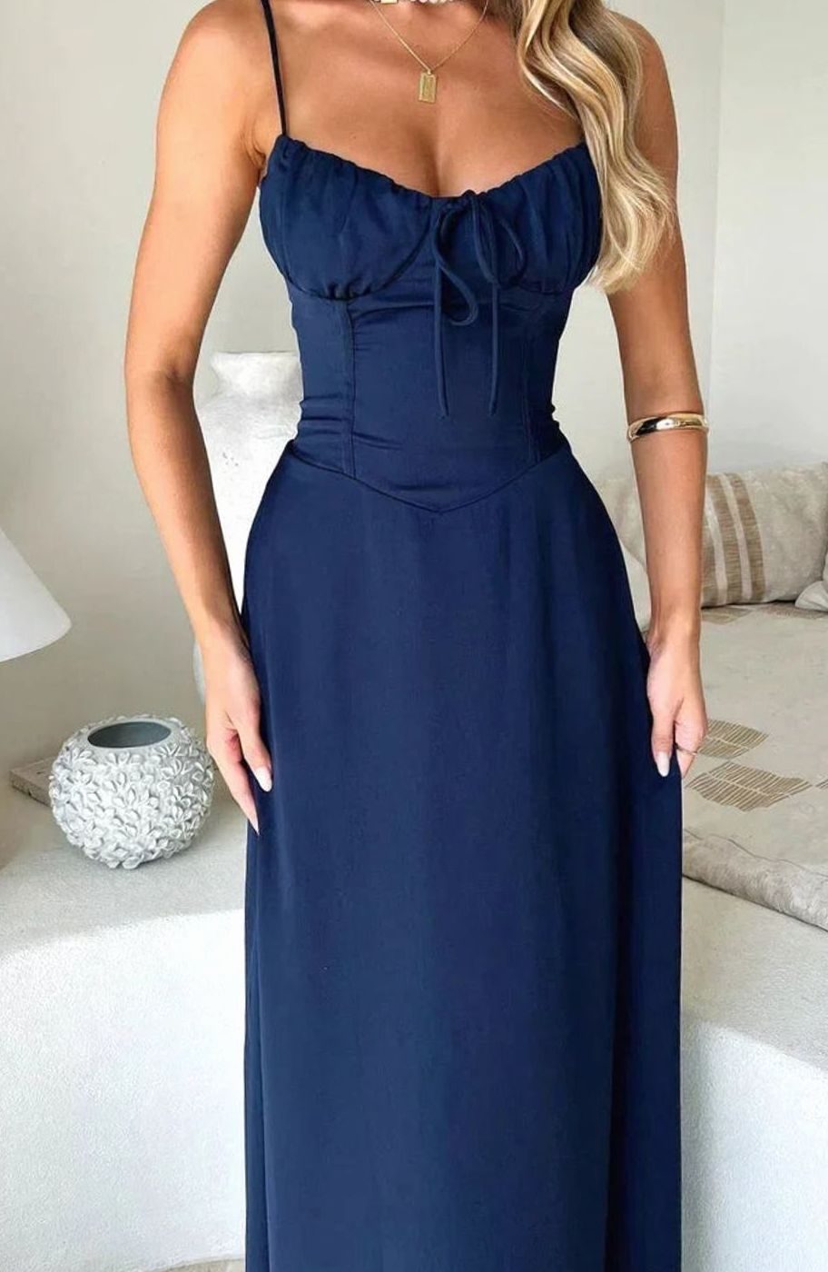 Women's Ruched Bustier Adjustable-Strap Maxi Dress