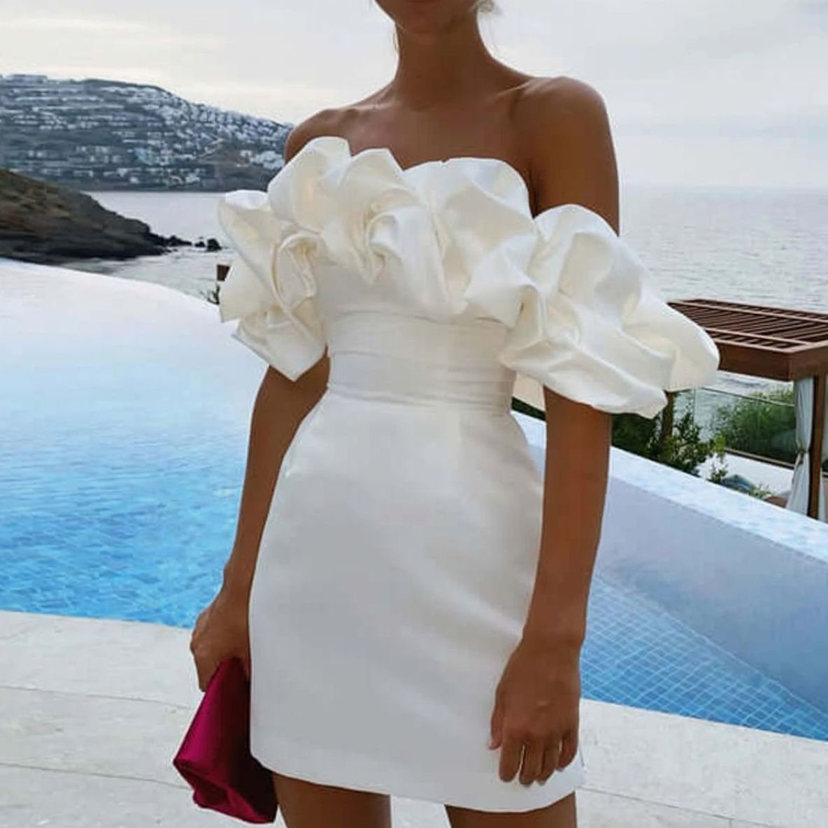 Women's Ruffle Off-Shoulder Fitted Mini Cocktail Dress, White - White