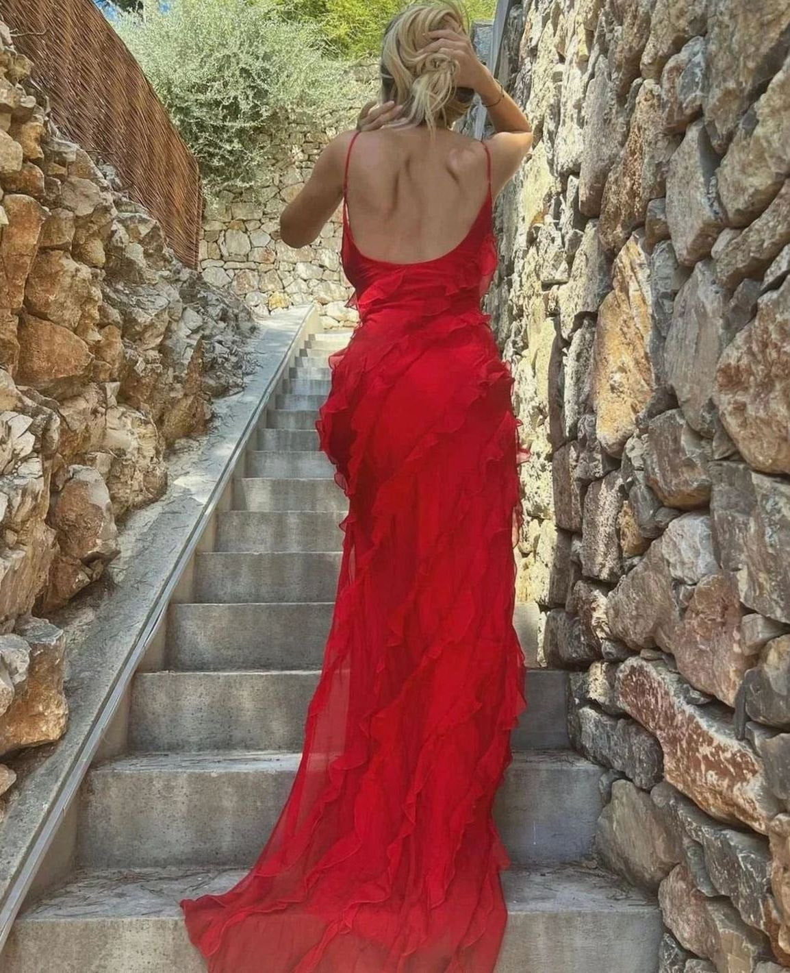 Women's Ruffle Spaghetti-Strap Formal Maxi Wedding Guest Dress