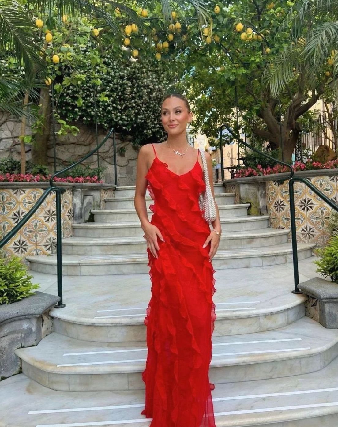 Women's Ruffle Spaghetti-Strap Formal Maxi Wedding Guest Dress