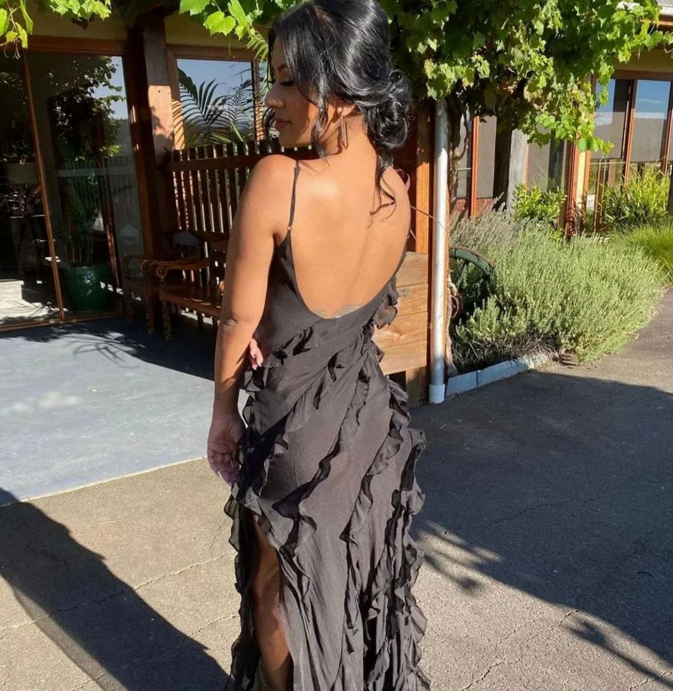 Women's Ruffle Spaghetti-Strap Formal Maxi Wedding Guest Dress