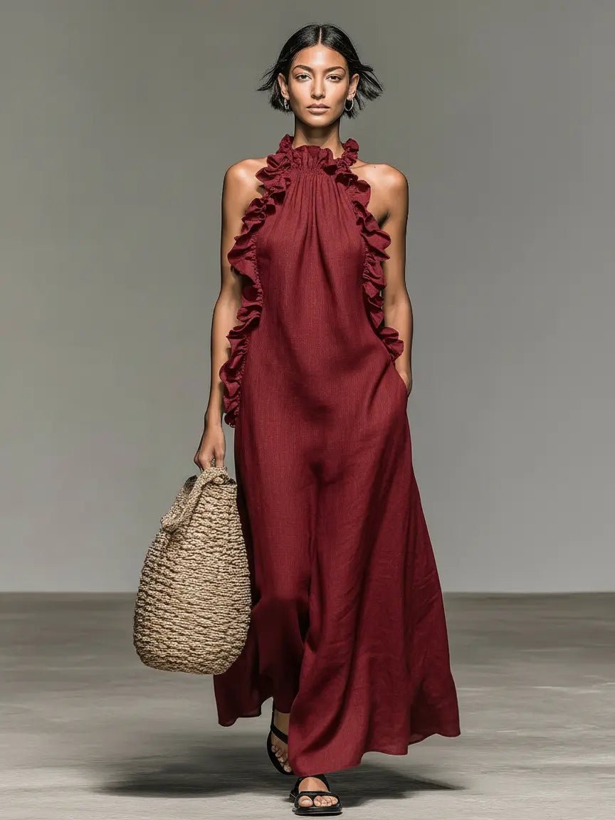 Women's Ruffle-Trim Halter Linen Maxi Dress - Red