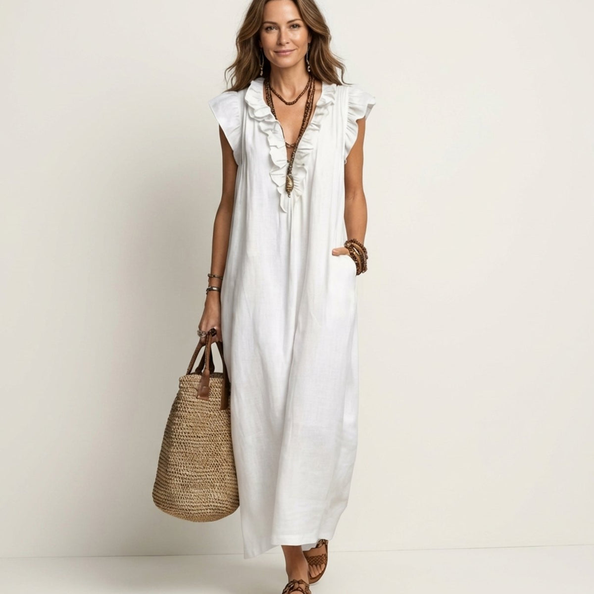 Women's Ruffle V-Neck Relaxed-Fit Sleeveless Maxi Dress - White