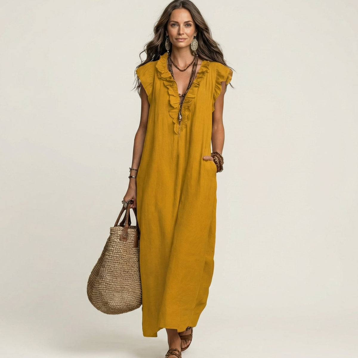 Women's Ruffle V-Neck Relaxed-Fit Sleeveless Maxi Dress - Yellow