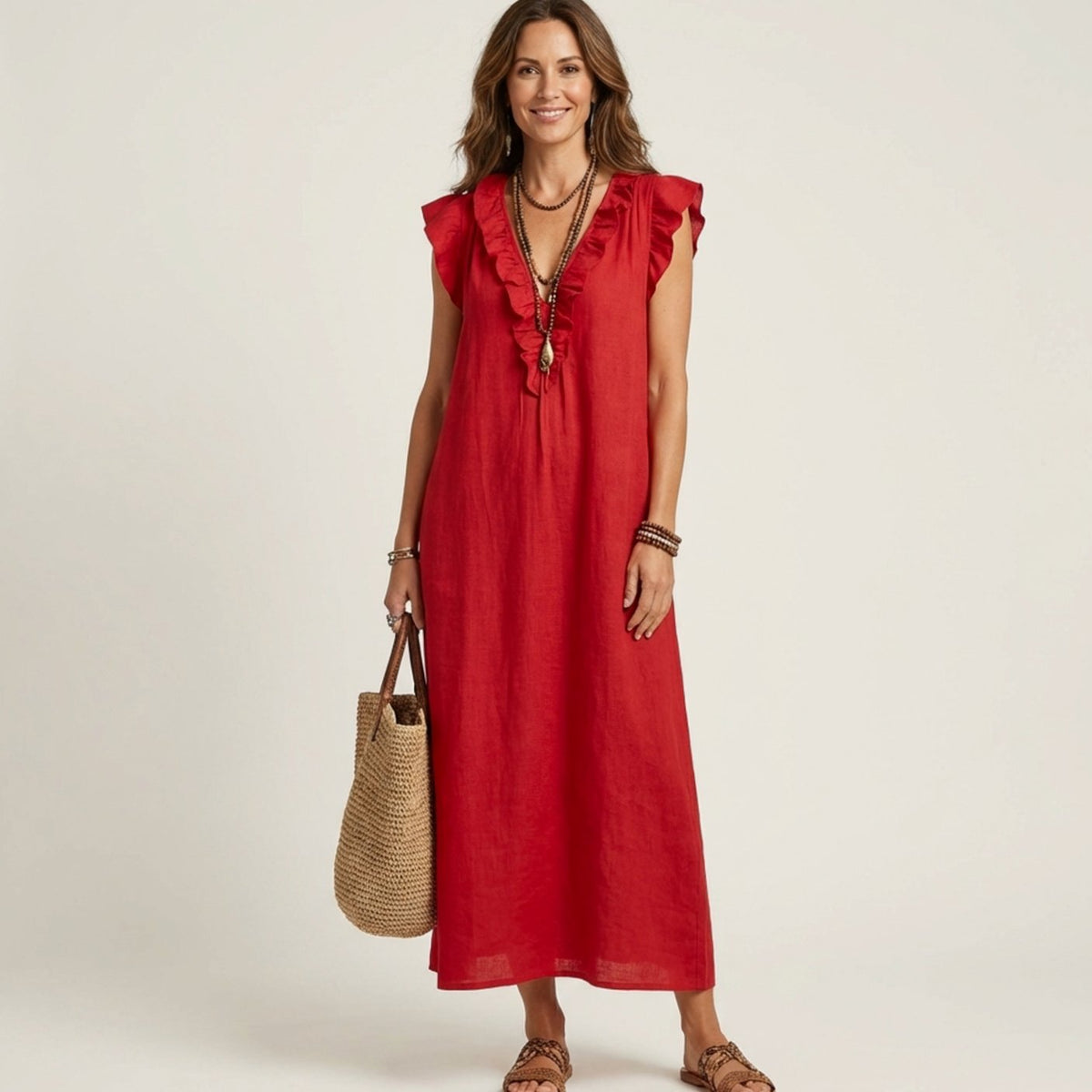 Women's Ruffle V-Neck Relaxed-Fit Sleeveless Maxi Dress - Red
