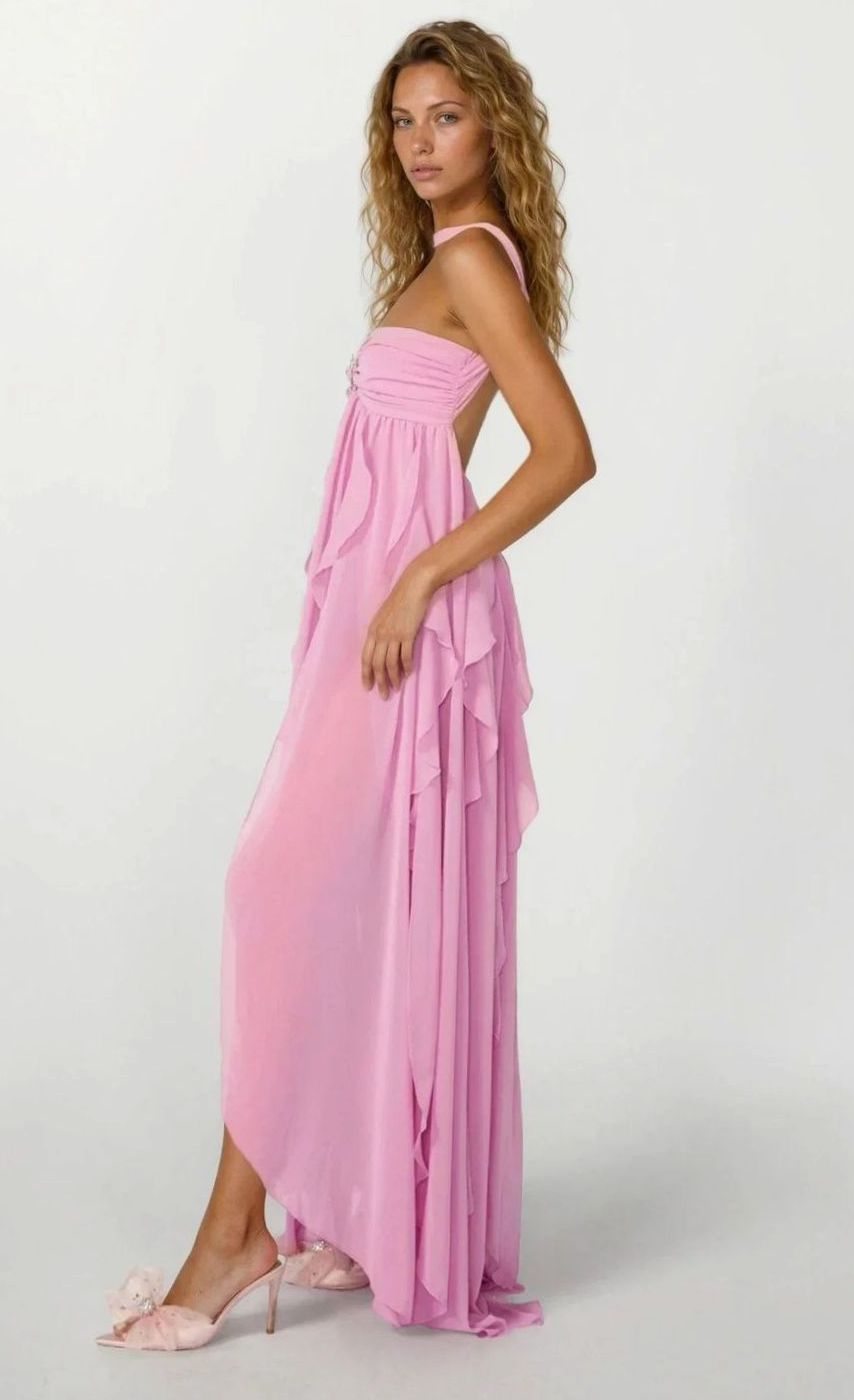 Women's Ruffled Halter-Neck Flowy Pink Maxi Dress