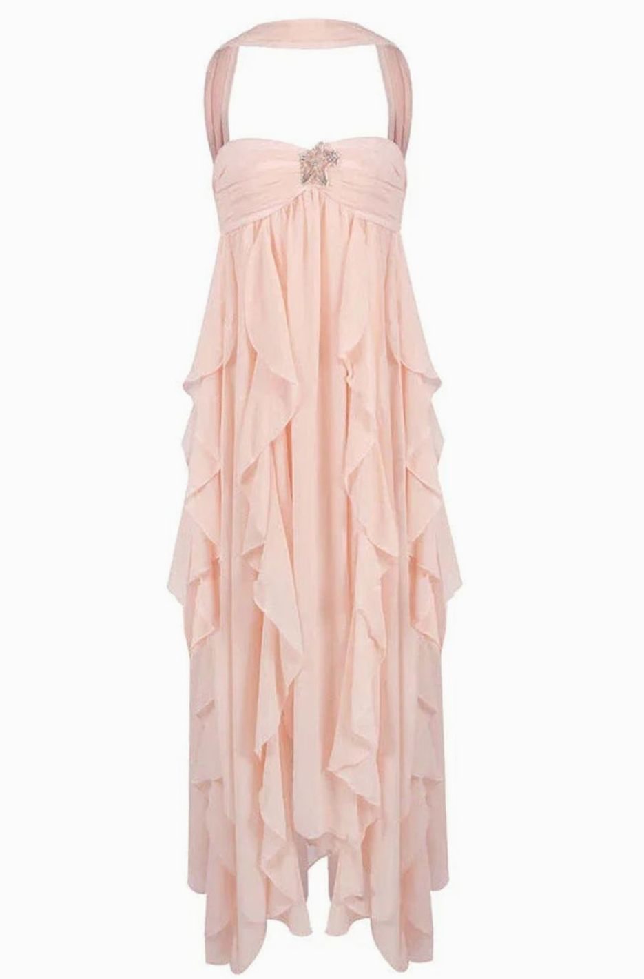 Women's Ruffled Halter-Neck Flowy Pink Maxi Dress