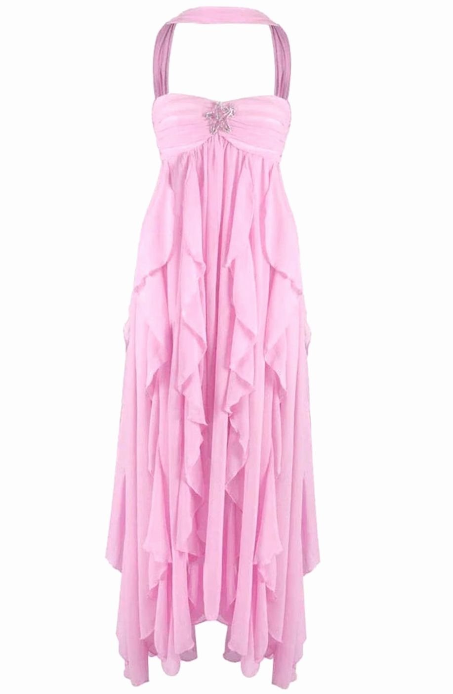 Women's Ruffled Halter-Neck Flowy Pink Maxi Dress